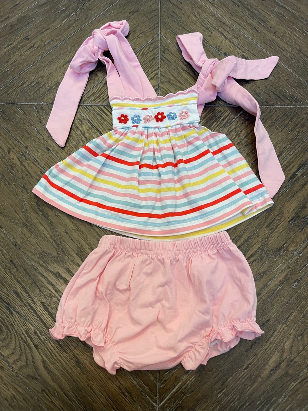 Sew Magnolia Pink Tie-Shoulder Striped Flower Bloomer Set
